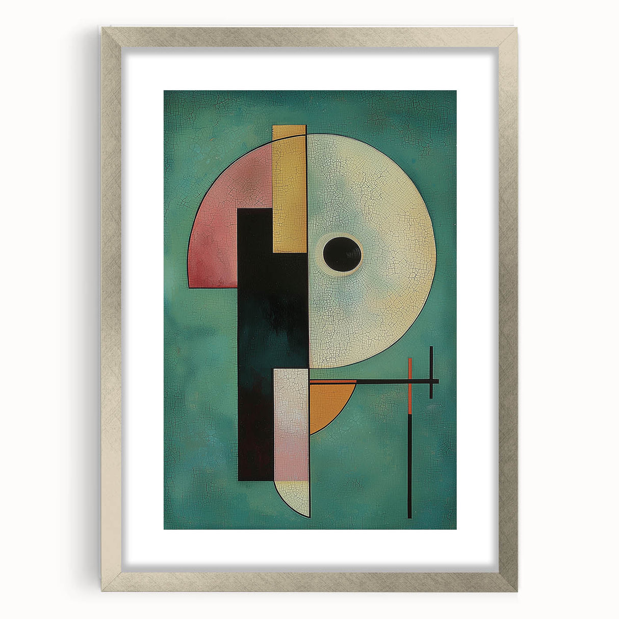 Abstract geometric frame in silver finish showcasing a modern design with a white mat, ideal for contemporary decor and art displays in homes or offices.