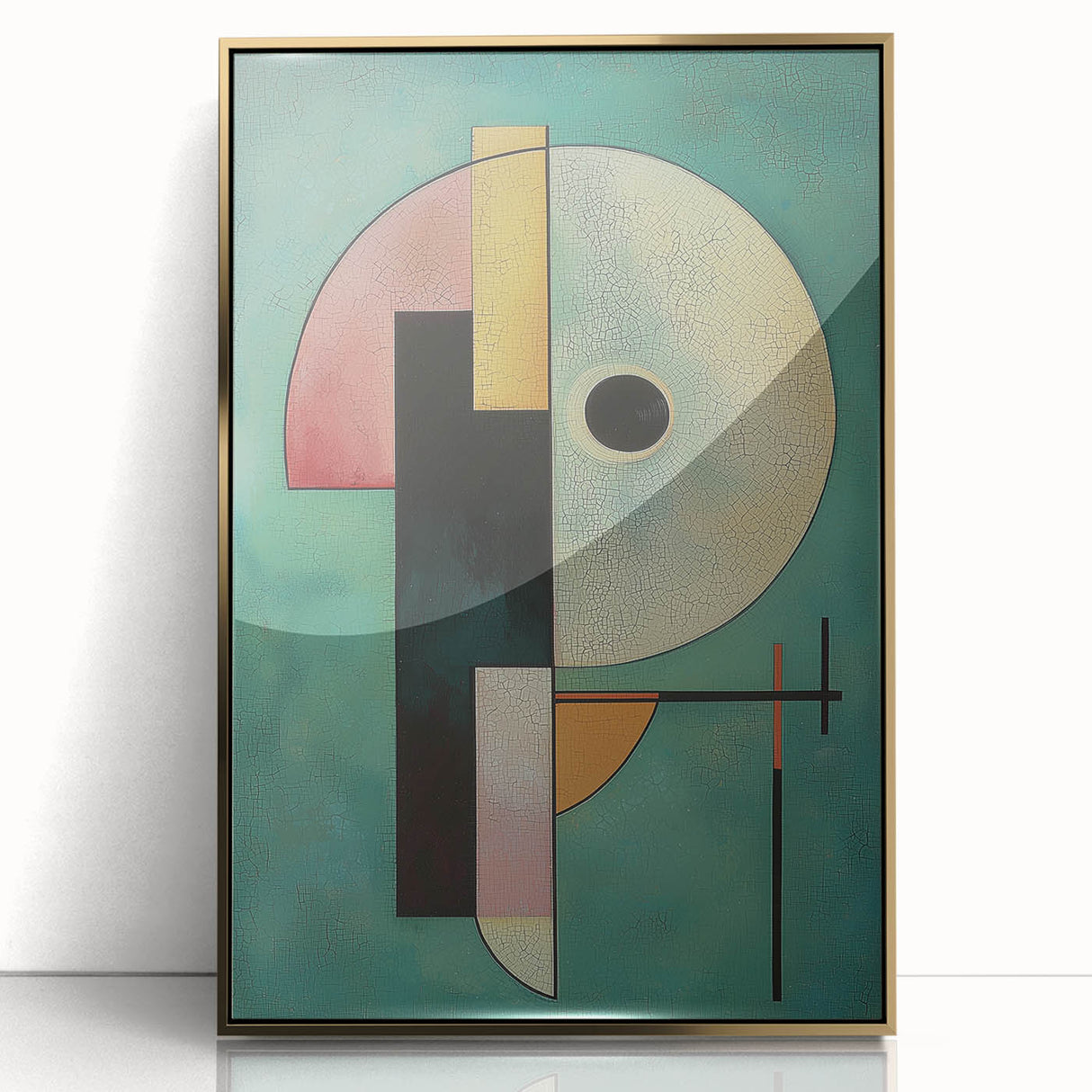 Abstract geometric framed acrylic artwork in gold, showcasing a modern design with sharp angles and vibrant colors, perfect for contemporary decor. The piece emphasizes sophistication and elegance, making it ideal for stylish interior spaces.
