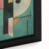 Close-up of a vibrant abstract geometric framed canvas artwork showcasing bold colors and intricate patterns, perfect for modern home decor.