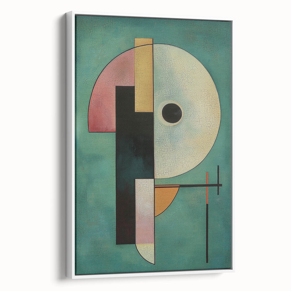 Abstract geometric framed canvas artwork displayed from a side view, showcasing a sleek white frame and intricate patterns in muted tones, perfect for modern decor.