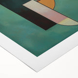 Abstract geometric rolled canvas art showcasing vibrant shapes in shades of blue, orange, and green, perfect for modern decor. Packaged securely in a cardboard tube for delivery.