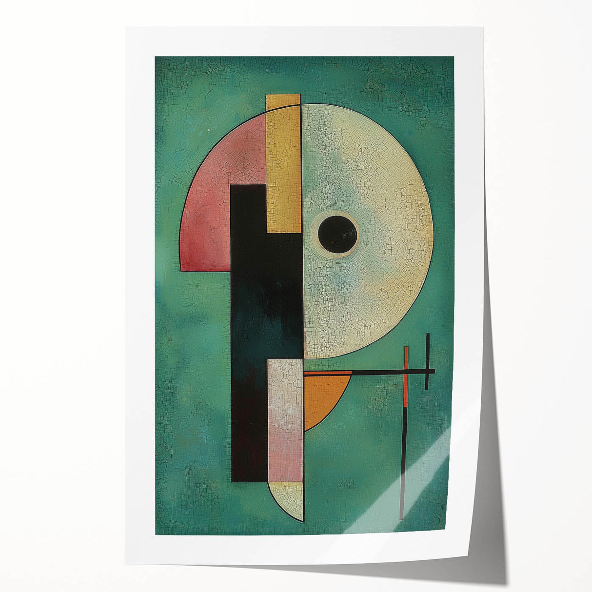 Abstract geometric rolled print showcasing vibrant colors and intricate shapes, ideal for modern home decor. Packaged securely in a robust cardboard tube for safe delivery.