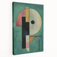 Abstract geometric stretched canvas artwork showcasing vibrant colors and dynamic shapes, presented in a side view to highlight its depth and texture. Ideal for modern home decor, this piece adds a contemporary touch to any room.
