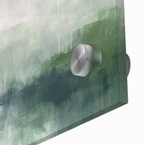 Close-up of an abstract landscape wall art piece printed on acrylic glass, showcasing vibrant colors and intricate details, perfect for modern home decor.