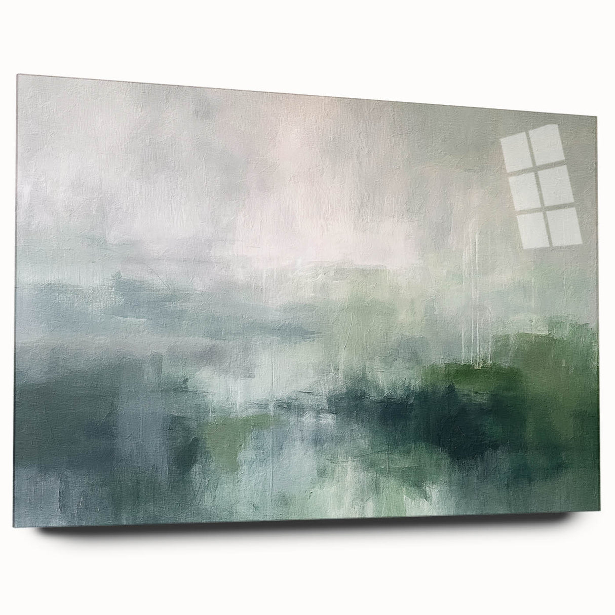 Abstract landscape wall art displayed in a sleek acrylic glass frame, showcasing vibrant colors and intricate patterns, perfect for modern home decor.