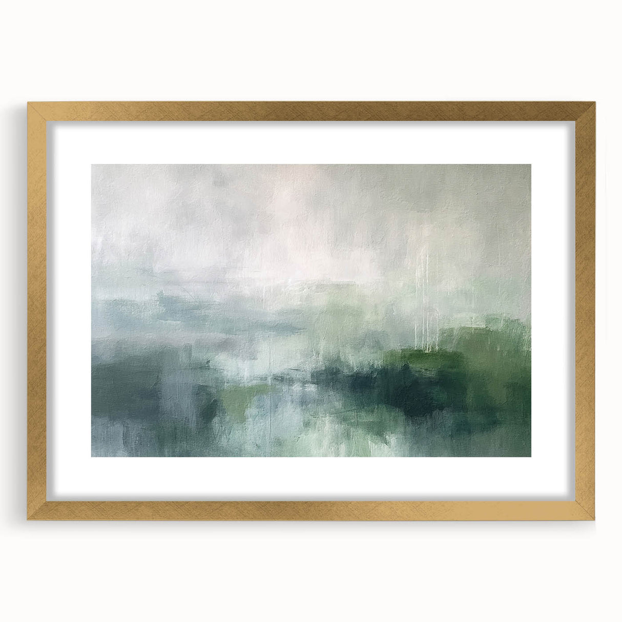 Abstract landscape wall art framed with a gold mat, showcasing vibrant colors and modern design, perfect for enhancing contemporary home decor.