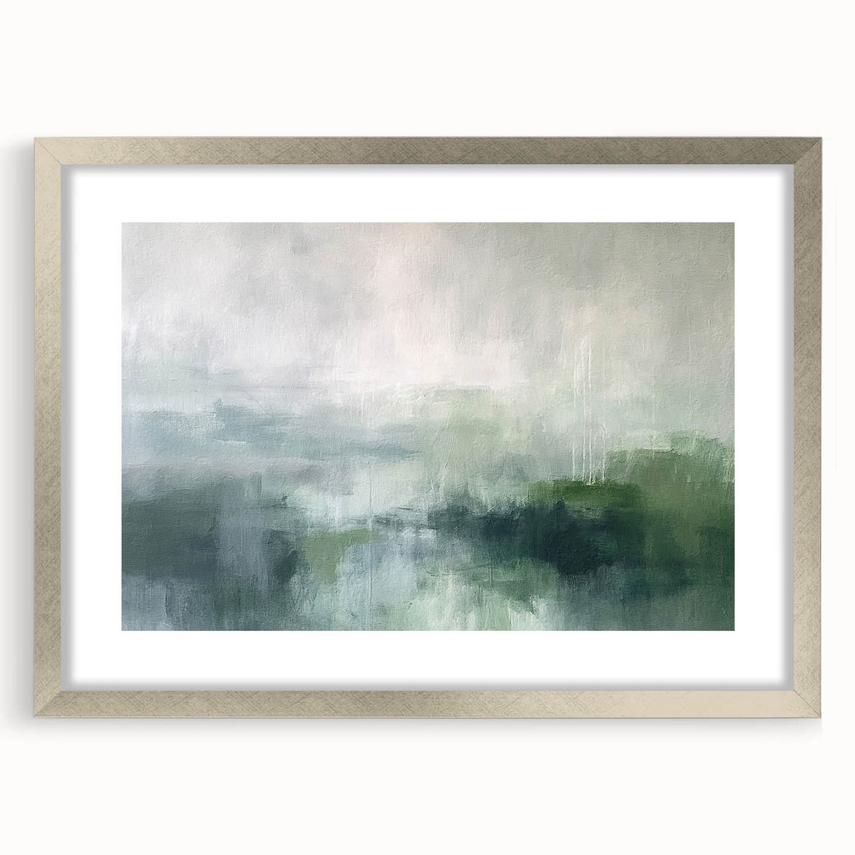 Abstract landscape wall art framed with a silver mat, showcasing vibrant colors and intricate textures, ideal for modern home decor and art enthusiasts.