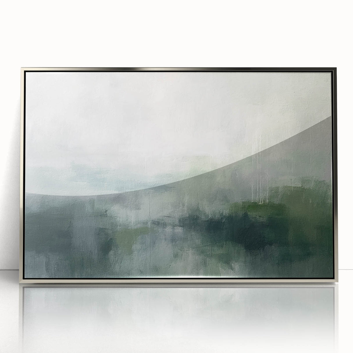 Framed abstract landscape wall art showcasing calming silver and blue tones, ideal for modern home decor, adding elegance to any living space.