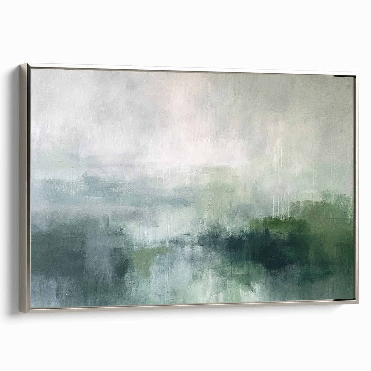 Framed abstract landscape wall art with silver accents, showcasing a serene, minimalist design. Ideal for modern home decor, enhancing any living space.