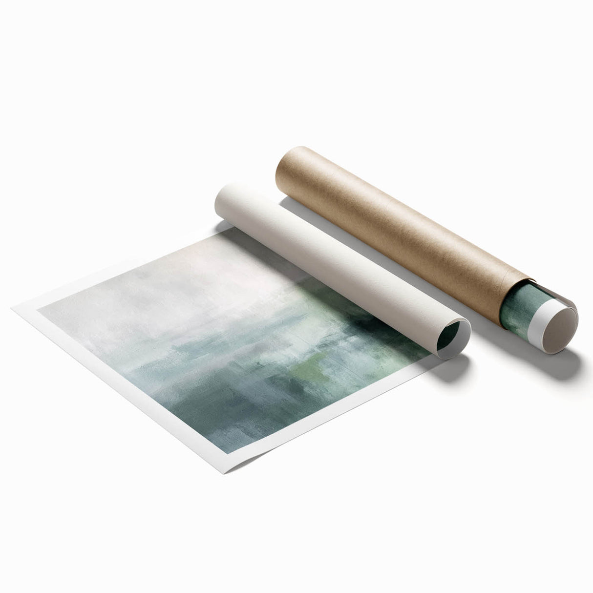 Abstract landscape wall art print showcasing vibrant blue and orange hues, featuring a serene mountain scene, rolled and ready for framing or display.