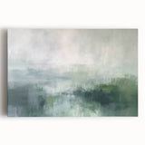 Abstract landscape wall art stretched on canvas, showcasing vibrant hues of blue, green, and orange, perfect for modern home decor. Ideal for creating a serene atmosphere.