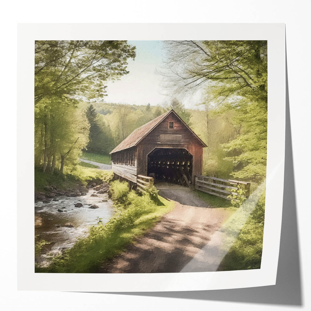 Extra large floral art on glossy print, featuring a covered bridge in muted earth tones, ideal for dining room decor.