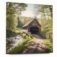 Acrylic print of a covered bridge in muted earth tones, ideal for dining room decor.