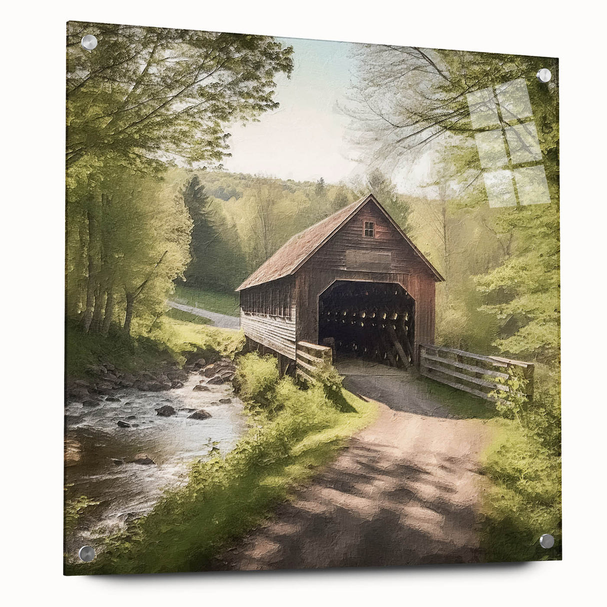 Acrylic print of a covered bridge in muted earth tones, ideal for dining room decor.