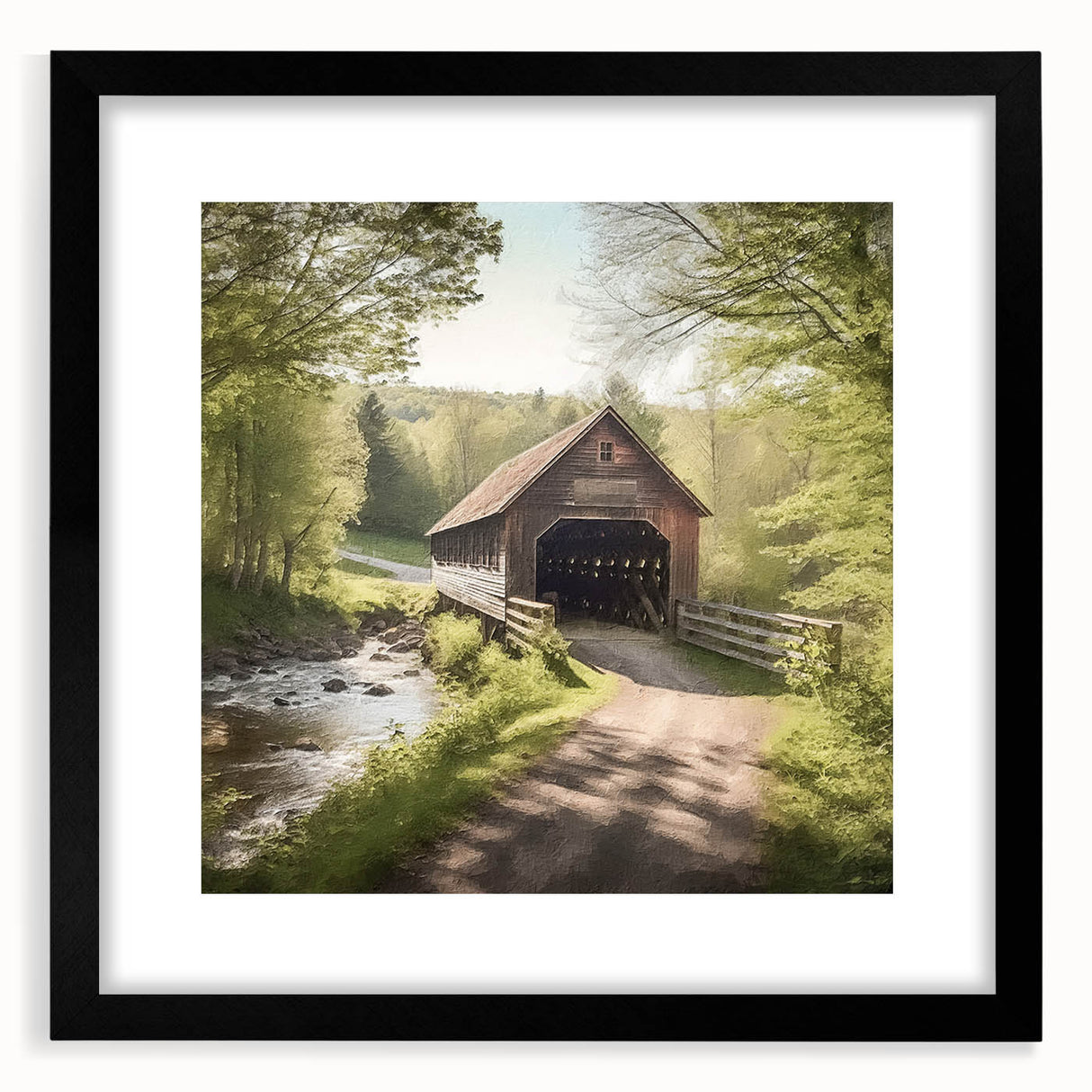 Extra large abstract art print featuring a colorful, textured depiction of a covered bridge.
