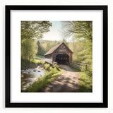 Extra large abstract art print featuring a colorful, textured depiction of a covered bridge.