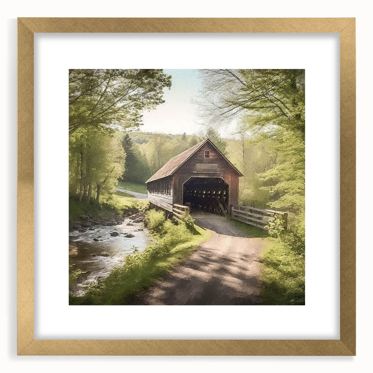 Extra large abstract art print of a textured covered bridge, in muted gold and brown tones on a framed canvas.