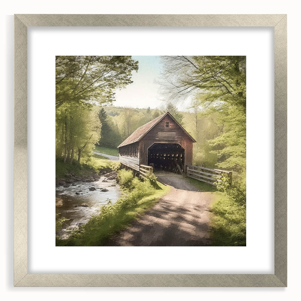 Textured art of a covered bridge in muted gray tones on a framed silver mat, ideal for bedroom art.