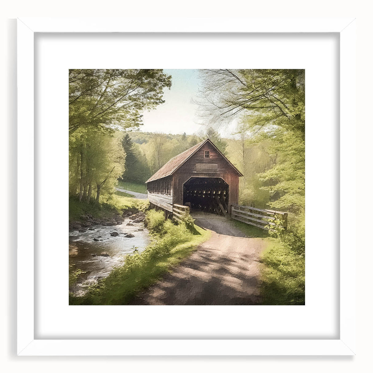 Abstract art print of a covered bridge in muted brown and gray tones, framed with a white mat.