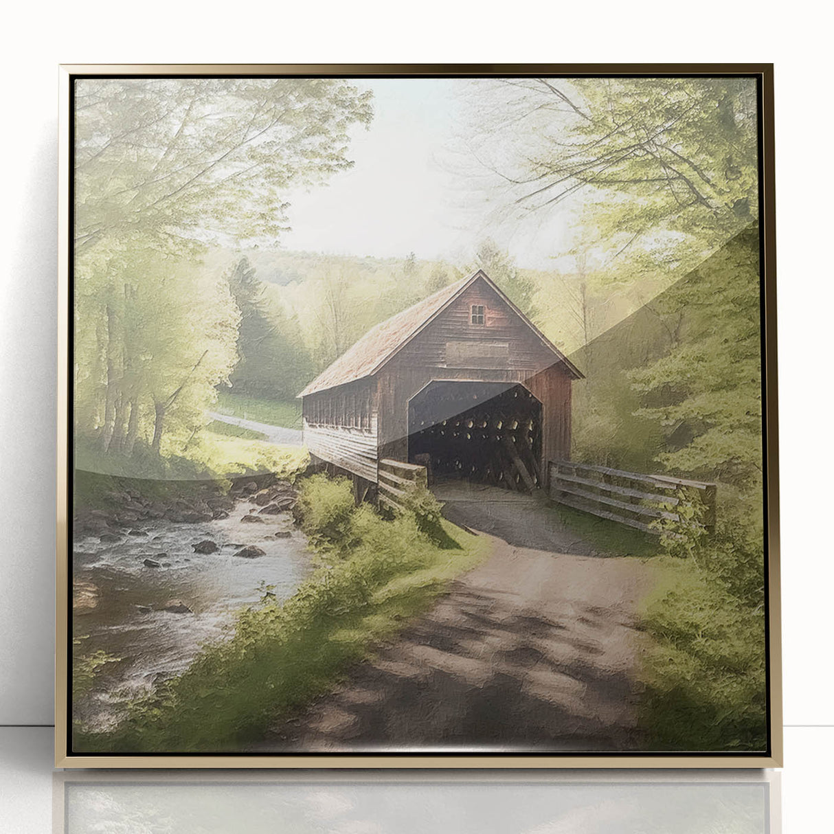 Mid-century modernist acrylic print of a covered bridge in muted gold tones, ideal for modern art wall decor.