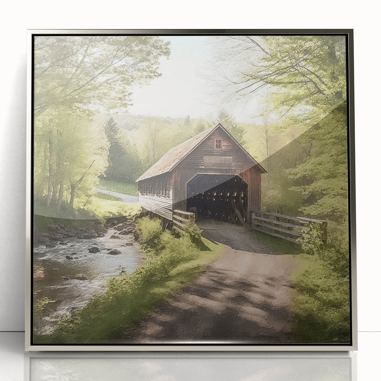 Mid-century modernist art of a covered bridge in muted earth tones on a framed acrylic, ideal for nursery wall art.