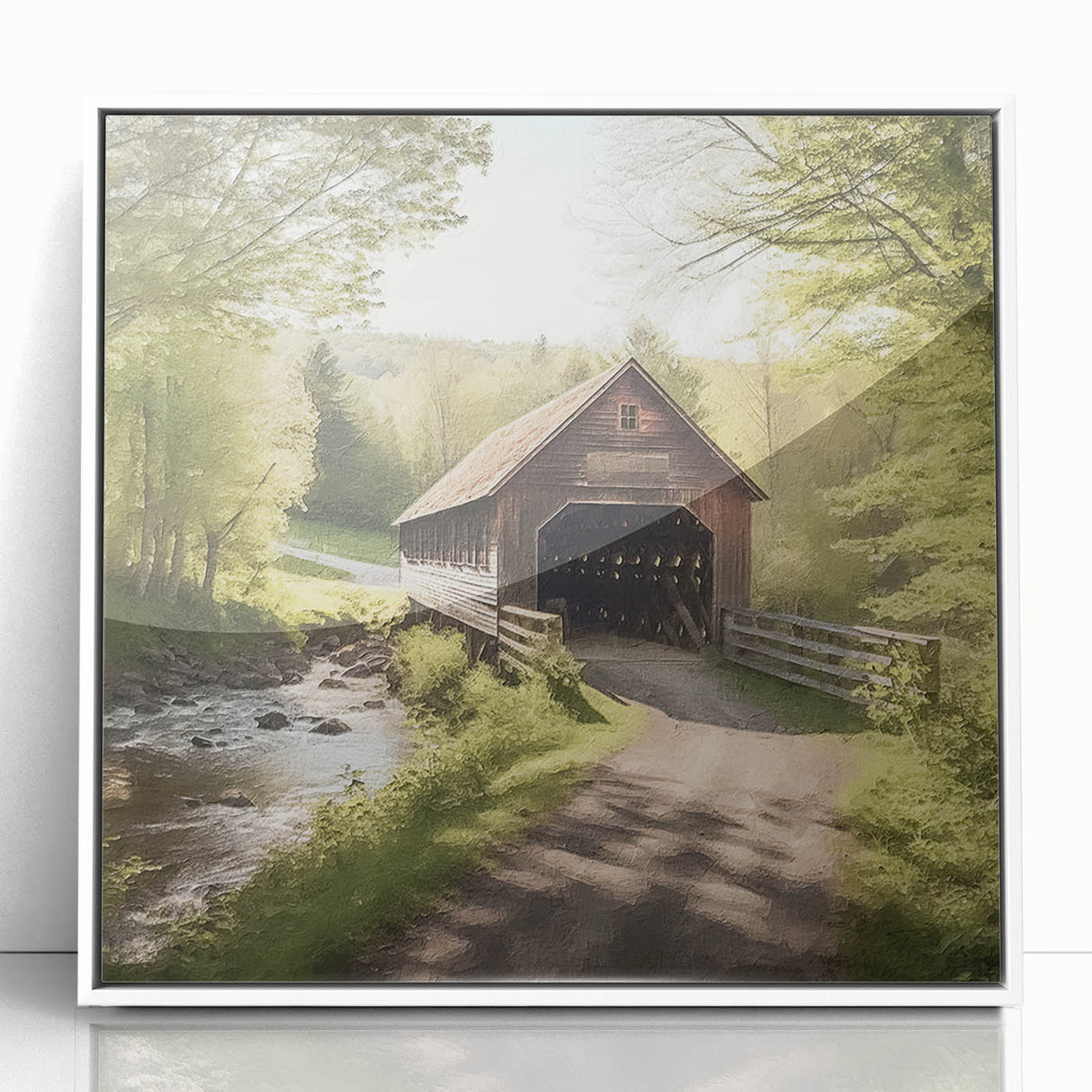 Art Deco-style covered bridge depicted in muted gray and blue tones on a framed acrylic print, suitable for nursery wall art.