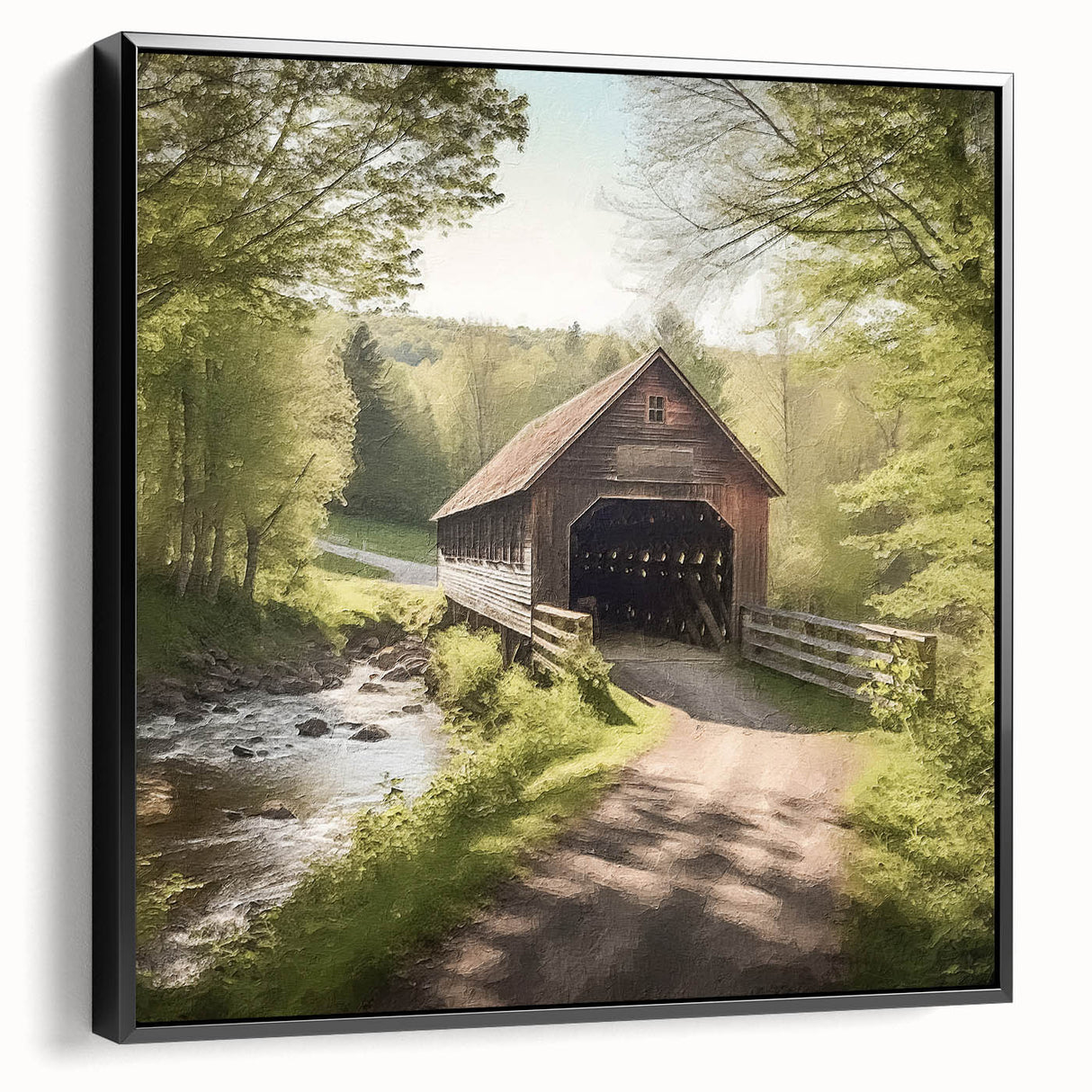 Black and white framed canvas featuring a vintage poster art style landscape with a covered bridge, ideal for bedroom decor.