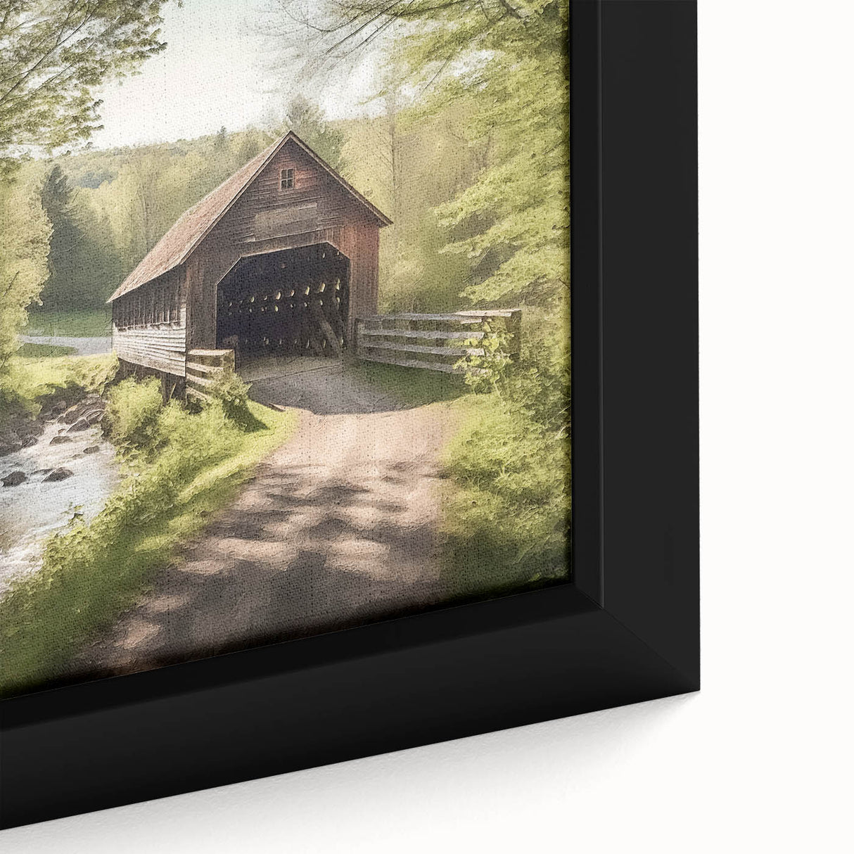 Black wall art featuring a textured, colorful depiction of a covered bridge on a framed canvas, ideal for living room decor.