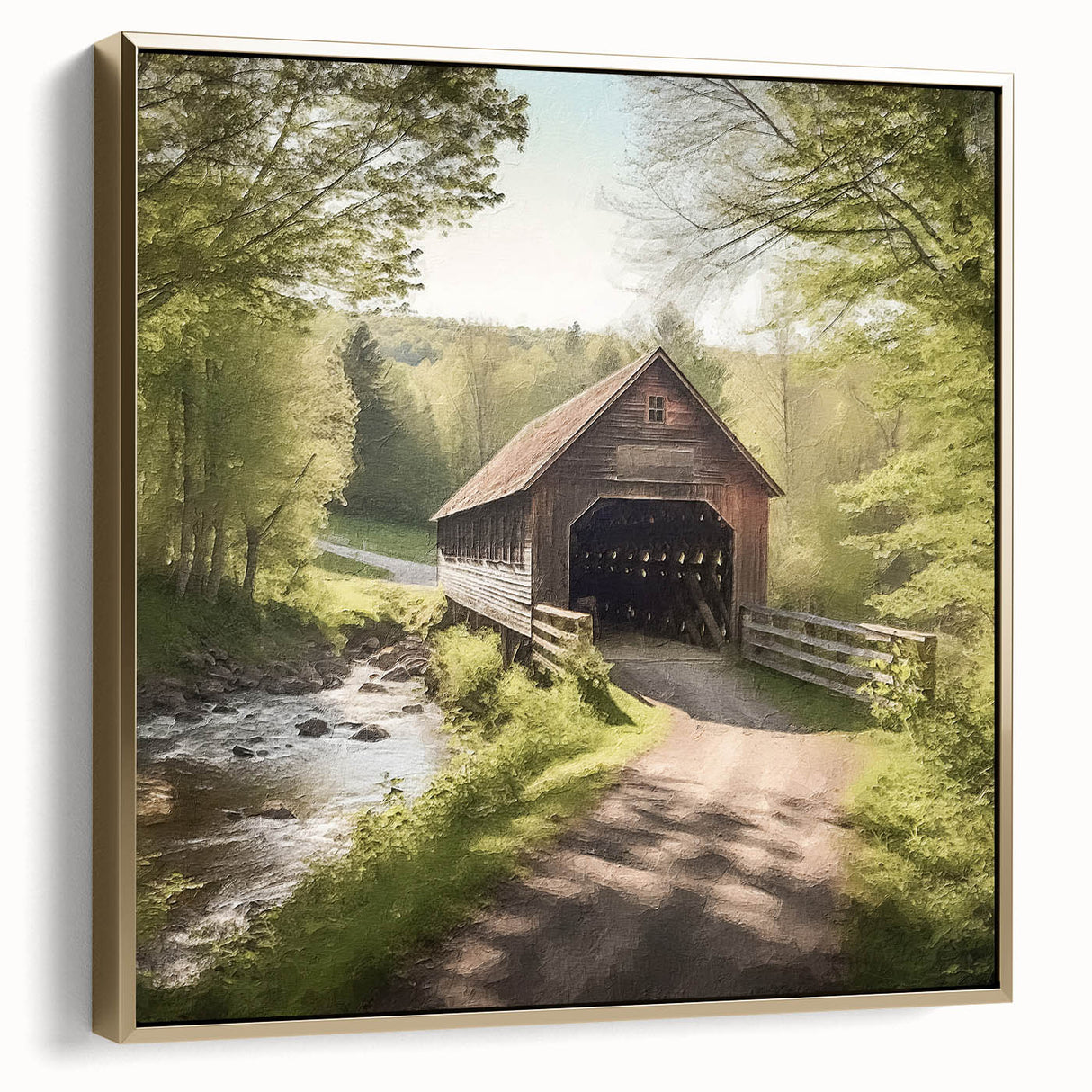 Framed canvas featuring a vintage poster of a landscape with a covered bridge in silver and gold tones.