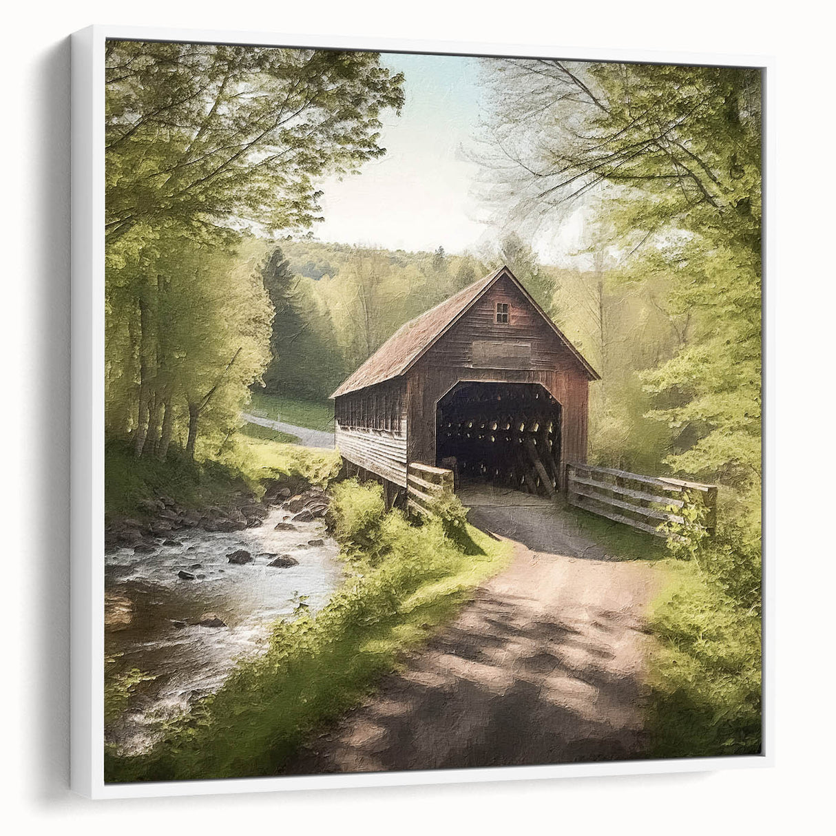 Vintage poster art of a covered bridge, framed canvas in black, white, and gray tones, ideal for living room decor.