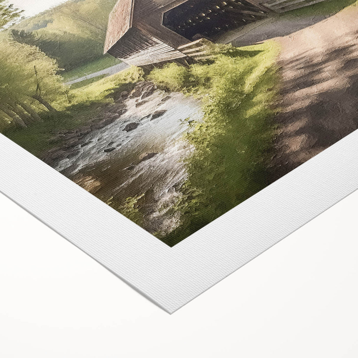 Art deco poster of a covered bridge in muted gray tones on rolled canvas, suitable for dining room wall art.