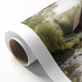 Art deco poster of a covered bridge in muted browns and greens on rolled canvas, ideal for nursery wall art.