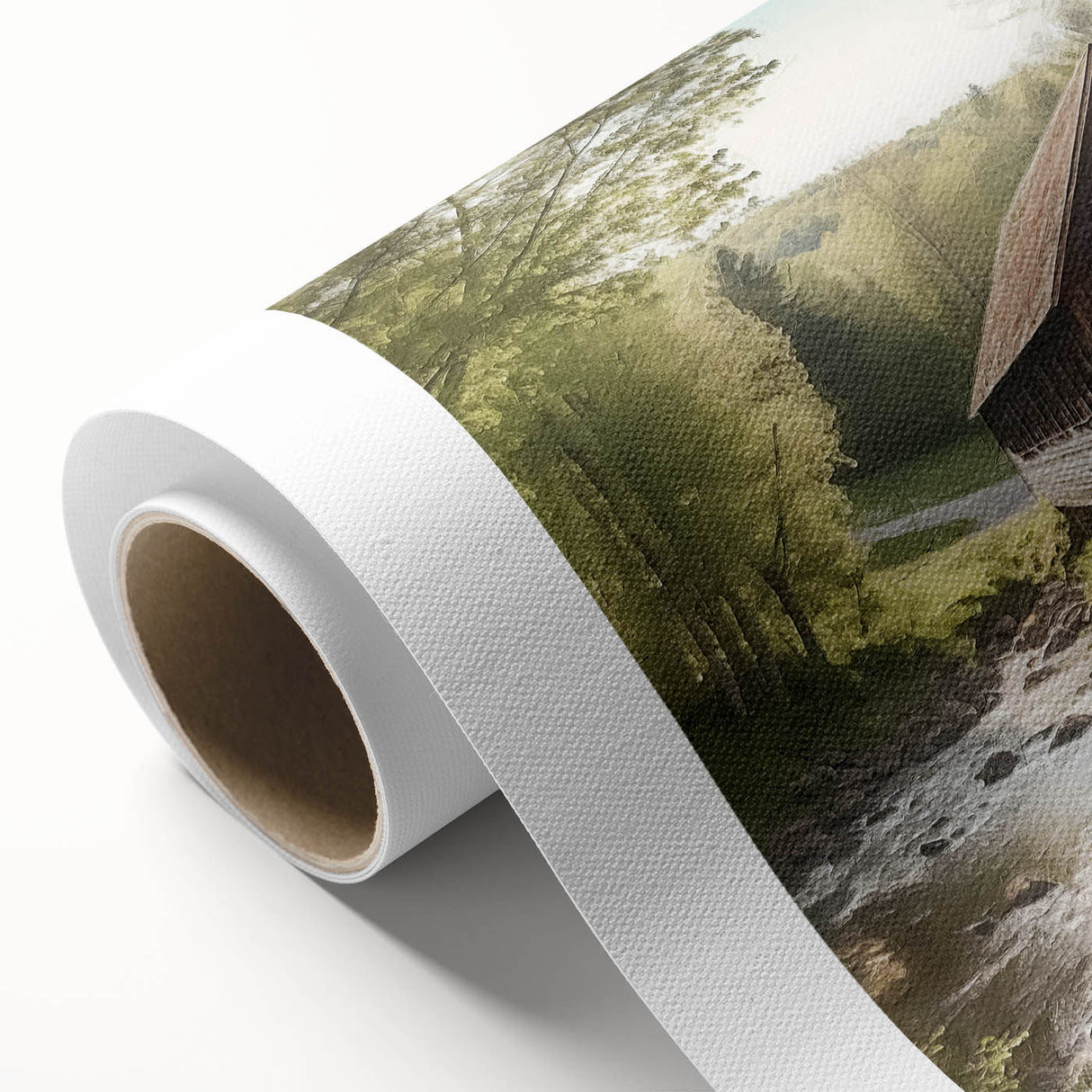Art deco poster of a covered bridge in muted browns and greens on rolled canvas, ideal for nursery wall art.