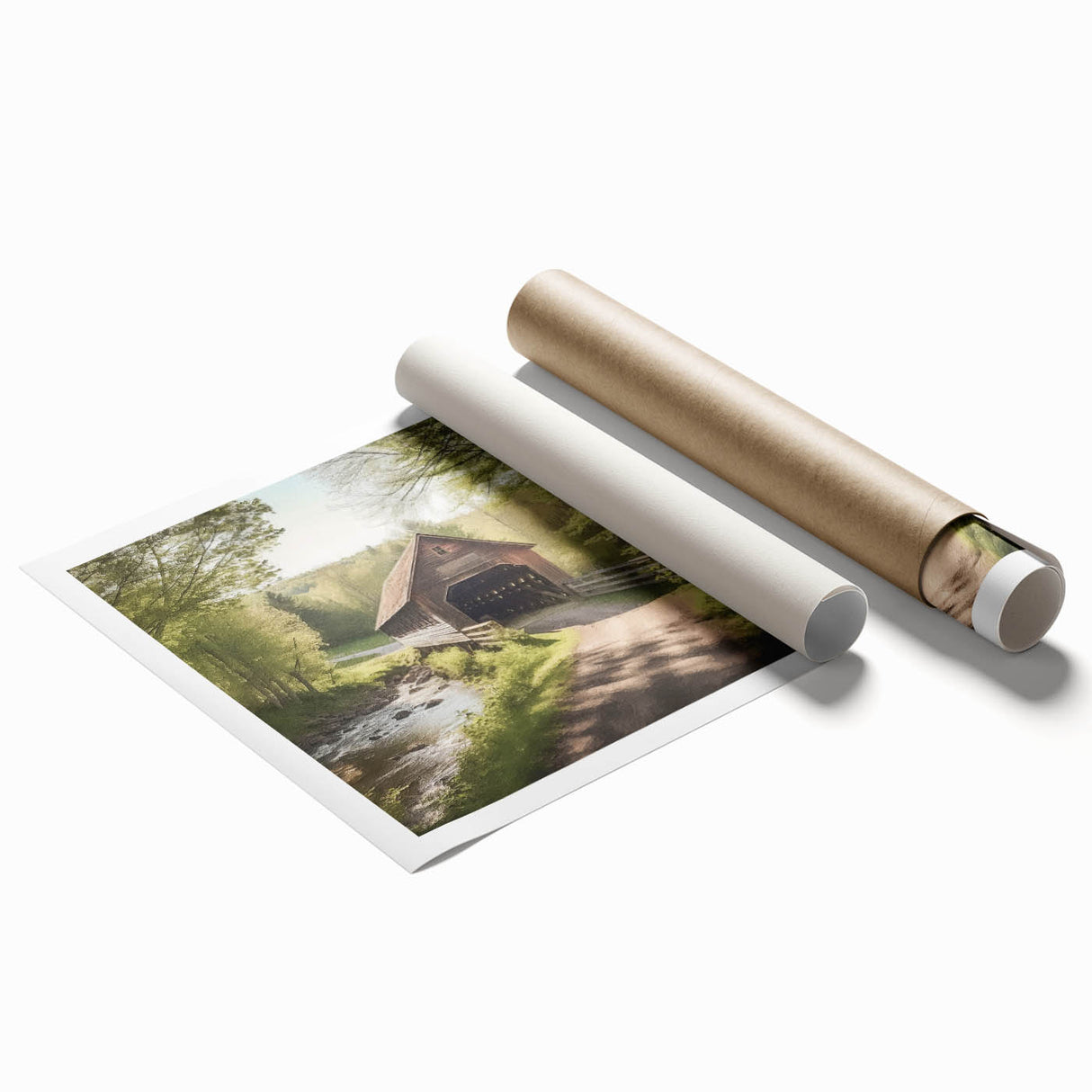 Extra large rolled print of a covered bridge architecture in muted earth tones, ideal for classy bathroom wall art.