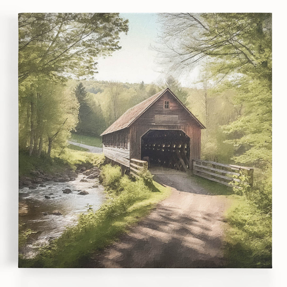 Black and white photograph of a covered bridge on stretched canvas, ideal for kitchen wall art.