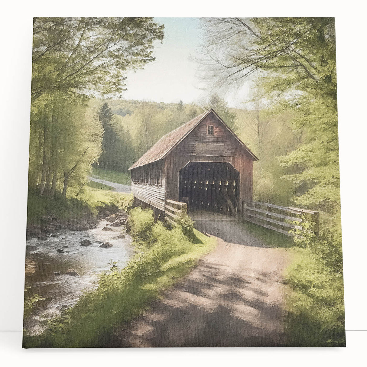 Black and white photograph of a covered bridge on stretched canvas, ideal for kitchen wall art or bedroom ambiance.