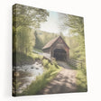 Large art depicting a covered bridge in muted brown and green tones on stretched canvas, ideal for kitchen wall decor.