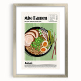Textured abstract art print of various food dishes in muted earth tones, framed in silver.