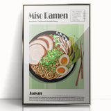 Mid-century modernist art featuring a variety of colorful food dishes, presented in a silver-framed acrylic print.