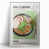 Art Deco poster featuring assorted food dishes in bold colors on white acrylic, framed, ideal for modern kitchen decor.