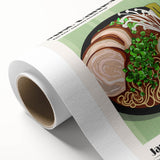 Art Deco style poster of various colorful food dishes on rolled canvas, suited for dining room decor.