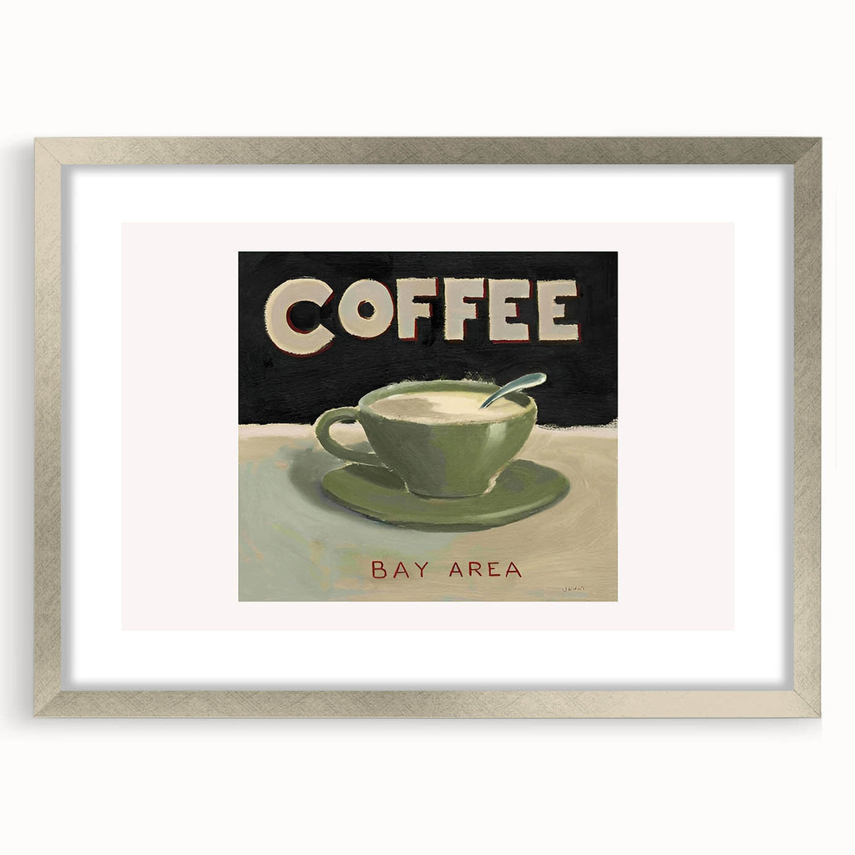 Textured abstract art print in neutral and silver tones, framed with a silver mat, suitable for bedroom decor.