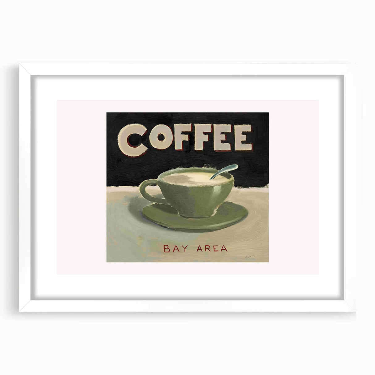 Abstract art print depicting various food and drinks in vibrant colors on a white framed mat, ideal for dining room decor.