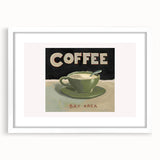 Abstract art print depicting various food and drinks in vibrant colors on a white framed mat, ideal for dining room decor.