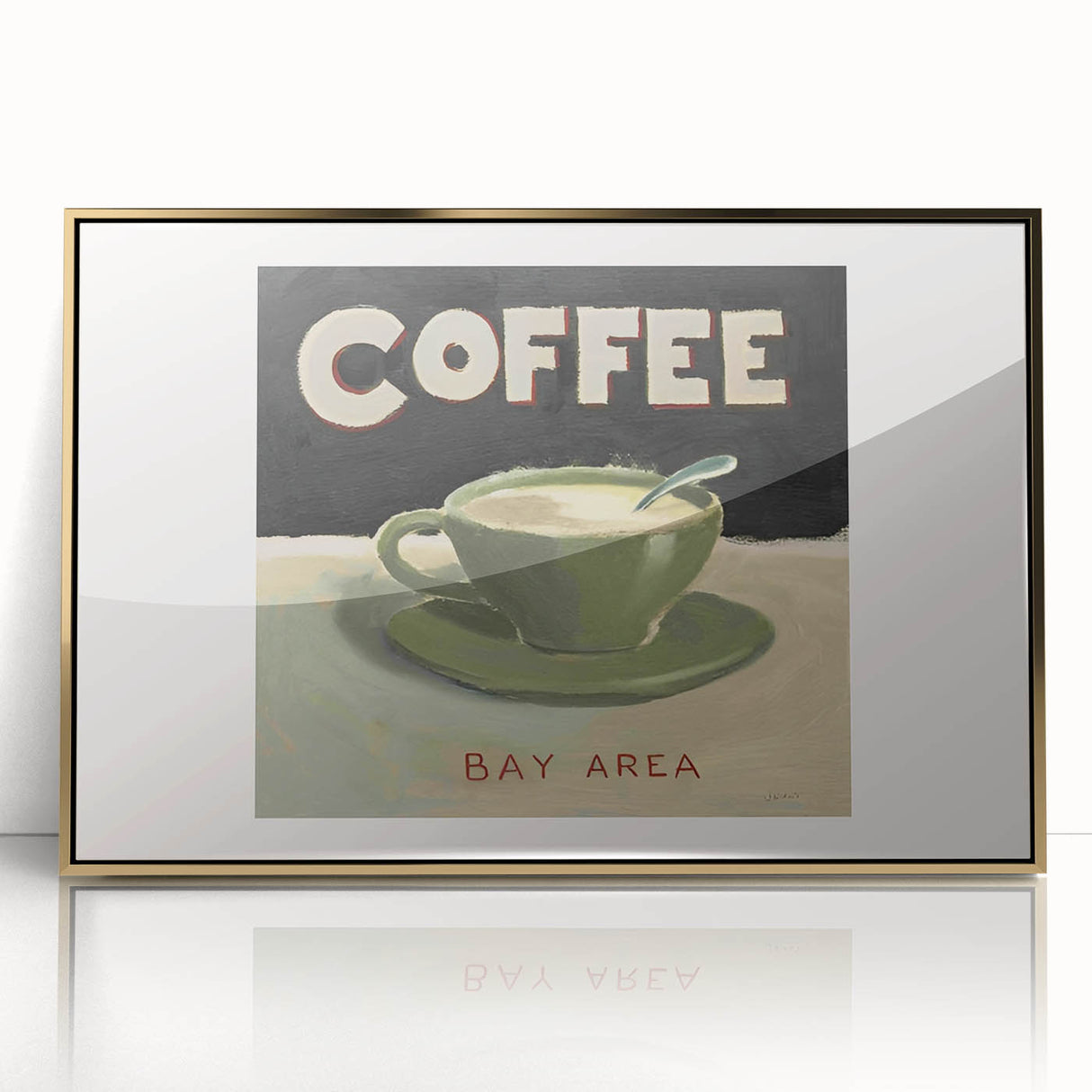 Large art print featuring a mid-century modernist cocktail illustration in vibrant gold and orange tones, acrylic framed.