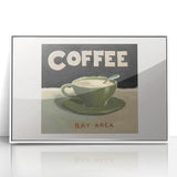 Acrylic print of a minimalist art deco poster featuring stylized food and drink motifs in monochrome.