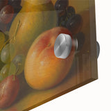 Close-up of large abstract wall art featuring assorted fruits in vibrant colors on acrylic glass.
