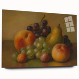Large abstract wall art featuring assorted fruits in vibrant colors on acrylic glass, ideal for bedroom or dining room decor.