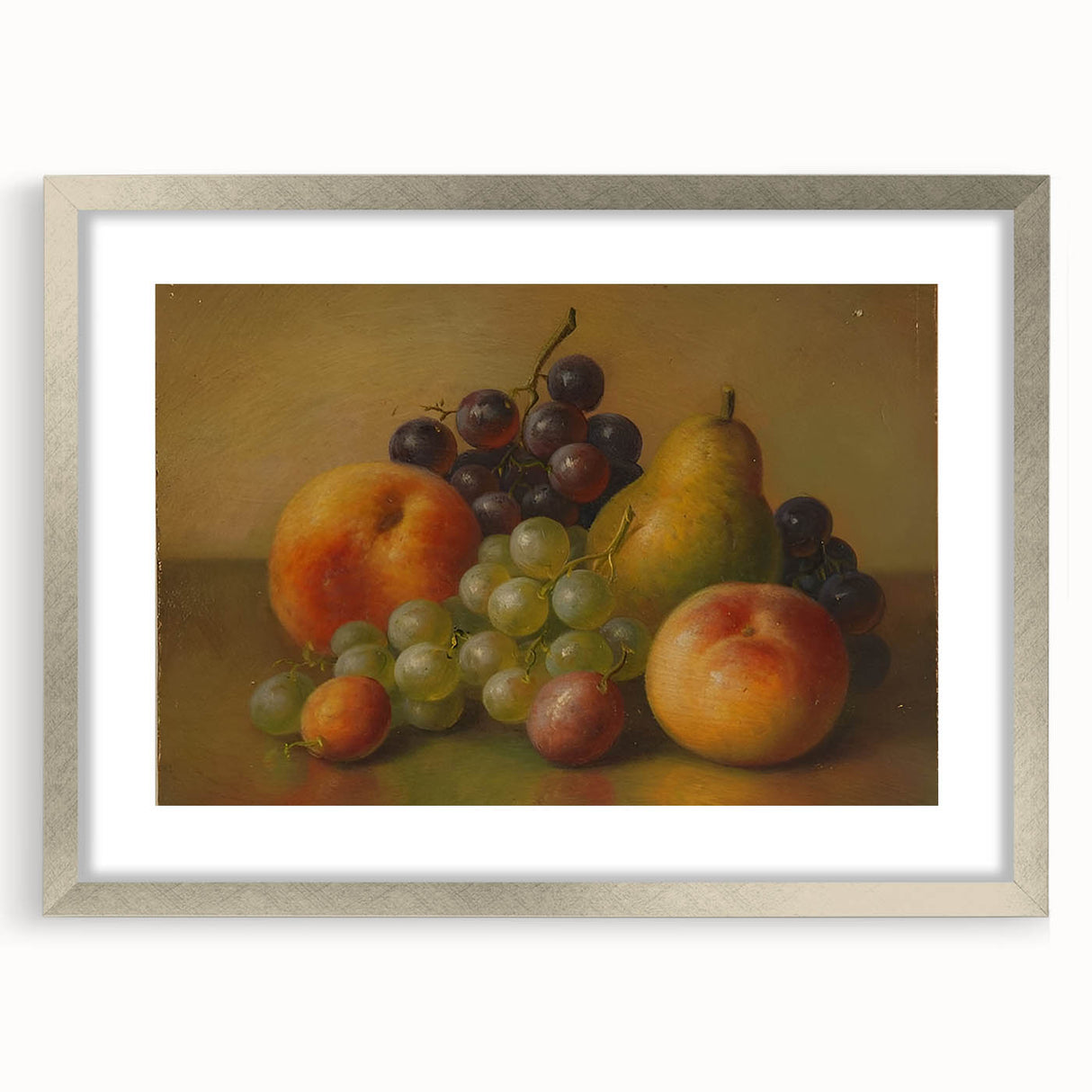 Textured art featuring abstract fruit designs in muted earth tones, framed in silver, ideal for bedroom wall decor.