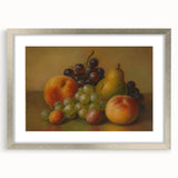 Textured art featuring abstract fruit designs in muted earth tones, framed in silver, ideal for bedroom wall decor.
